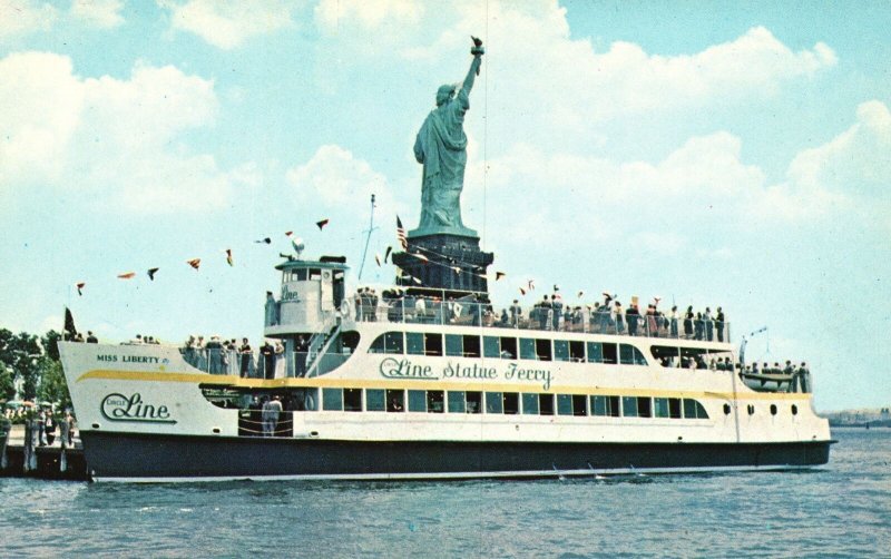 Vintage Postcard 1930's Miss Liberty Line Statue Ferry Baterry Park To Liberty