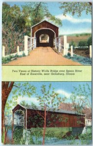 near KNOXVILLE, IL ~ WOLFE BRIDGE Covered Bridge over Spoon River 1940s Postcard