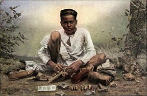 India Indigenous Man Shoe Cobbler with Tools c1910 Vintage Postcard