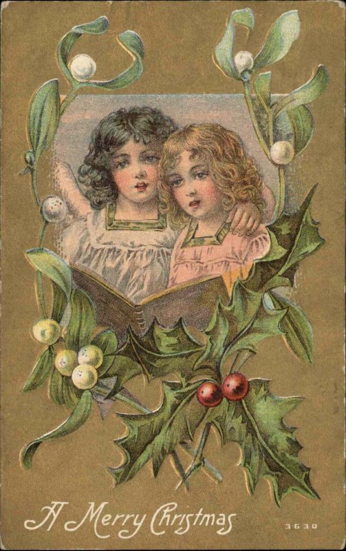 Christmas Beautiful Little Girls Mistletoe Border c1910 Vintage Postcard