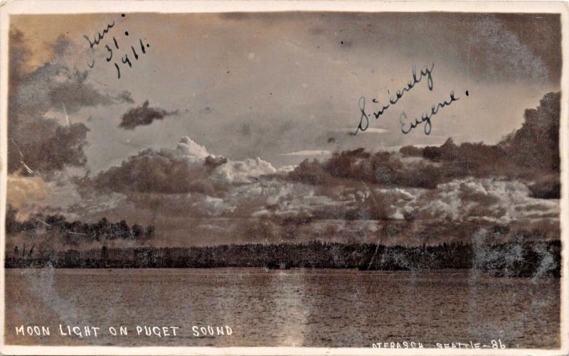 MOONLIGHT ON PUGET SOUND WASHINGTON-REAL PHOTO POSTCARD 1911 PSTMK