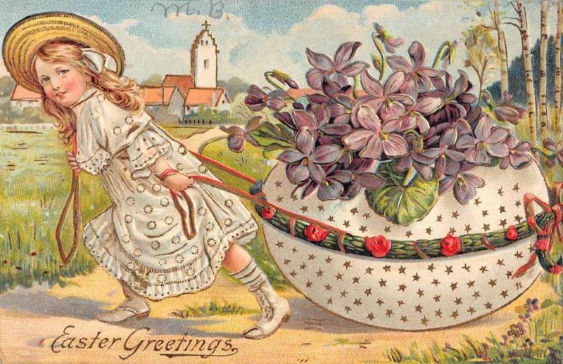 Easter Greeting Girl With Giant Decorated Egg Antique Postcard K78546