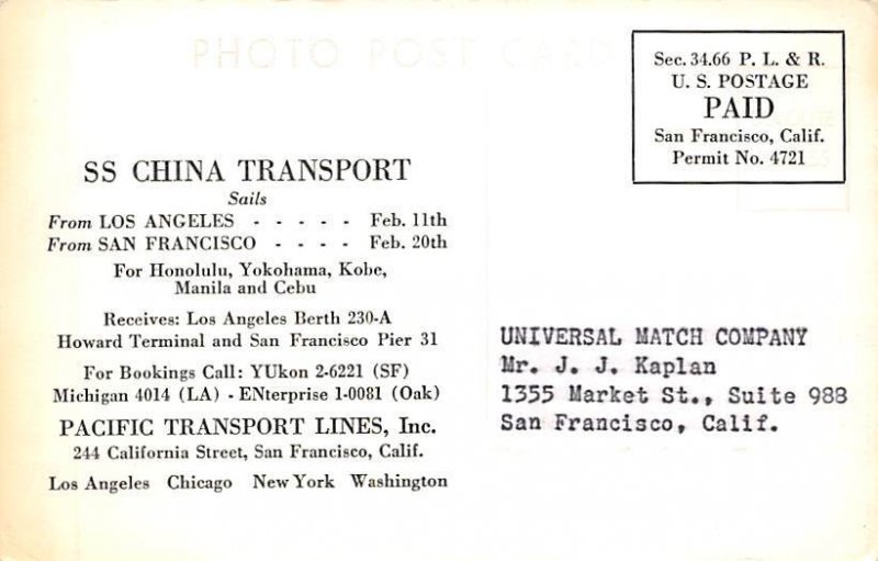 SS China Transport Los Angeles, San Francisco, Honolulu, Yokohoma, Manila SS ...