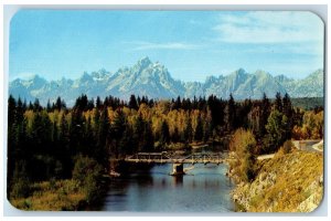 c1960's Teton Range from Buffalo River and Old Bridge Jackson Hole WY Postcard