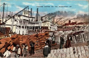 Loading Cotton on Steamboat, Mississippi Riverfront Linen Vintage Postcard H06