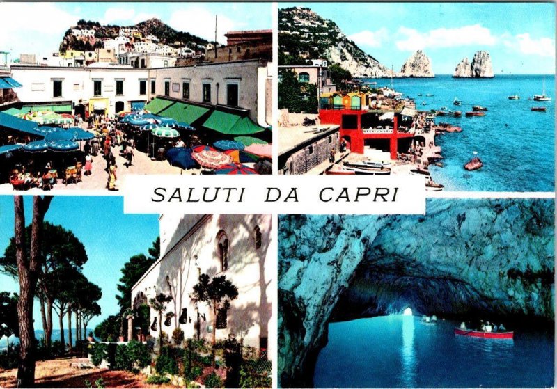 Naples, Italy  CAPRI GREETINGS  Marketplace~Waterfront~Boat/Cave  4X6 Postcard