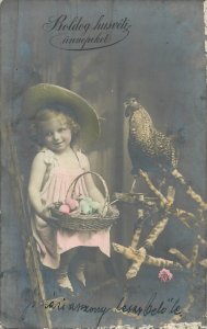Children scenes & portraits postcard Hungary girl hat egg basket Easter chicken