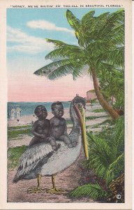 BLACK AMERICANA, Two Babies Riding on Pelican, Bird, Beach, !920-30 Florida FL