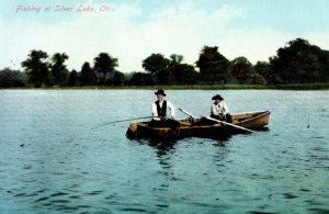 C. 19010 Men Fishing Canoe Silver Lake Ohio Vintage Postcard P218