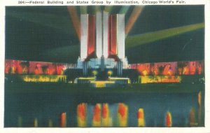 1933 Chicago Expo Fed Bldg & States Group Illuminated Night Postcard Unused
