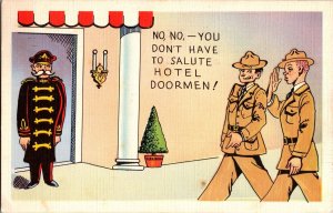 Humor, Soldier Salutes Hotel Doorman c1942 Vintage Postcard J76