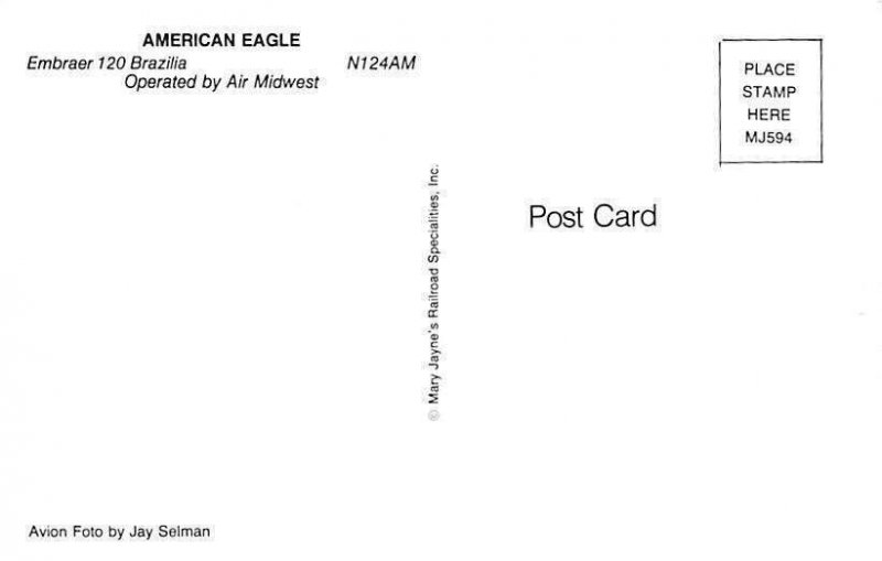 Airplane Postcards      American Eagle Embraer 120 Brazilia   N124AM  