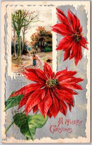 1912 A Merry Christmas Pointsettia Flower Landscape Winter Posted Postcard