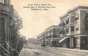 Somerville MA Corner Pearl & Walnut Bean & Morrison Drug Store Postcard