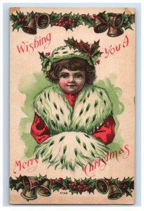 C. 1910 Cute Girl Fur bells Christmas Postcard F108E