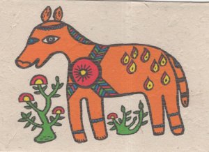 Mithila Art Indian Madhubani Nepalese Orange Animal Donkey Painting Postcard