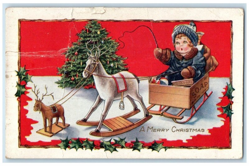 1910 Christmas Tree Little Girl Playing Rocking Horse Berries Embossed Postcard