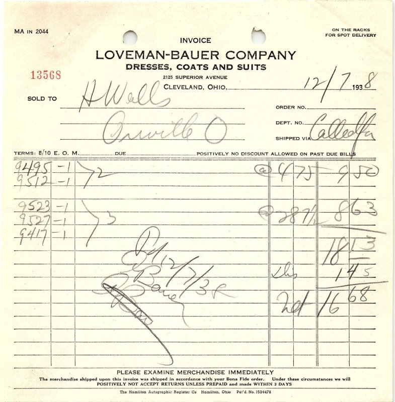 1938 LOVEMAN-BAUER CO. CLEVELAND OH DRESSES COATS SUITS BILLHEAD INVOICE Z1028