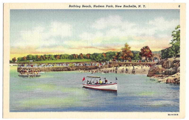 'Bathing Beach, Hudson Park, New Rochelle, N.Y.' Unused Linen Art Colortone boat