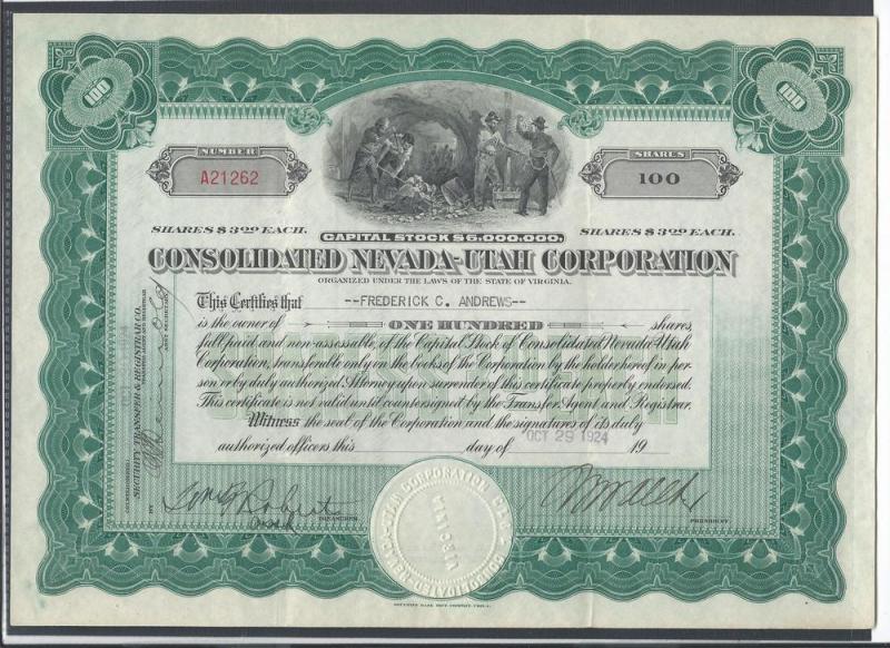 Consolidated Nevada-Utah Corporation 100 Shares, Ephemera