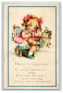 1924 Christmas Cute Girl Dress Pink Ribbon Telephone Holly Berries Postcard