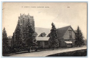 1951 St. Joseph Church Building Tower Roadside Trees Gardiner Maine ME Postcard