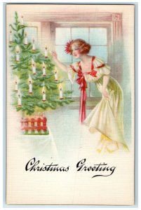 Christmas Greetings Woman Decorating Christmas Tree Candle Lights Postcard