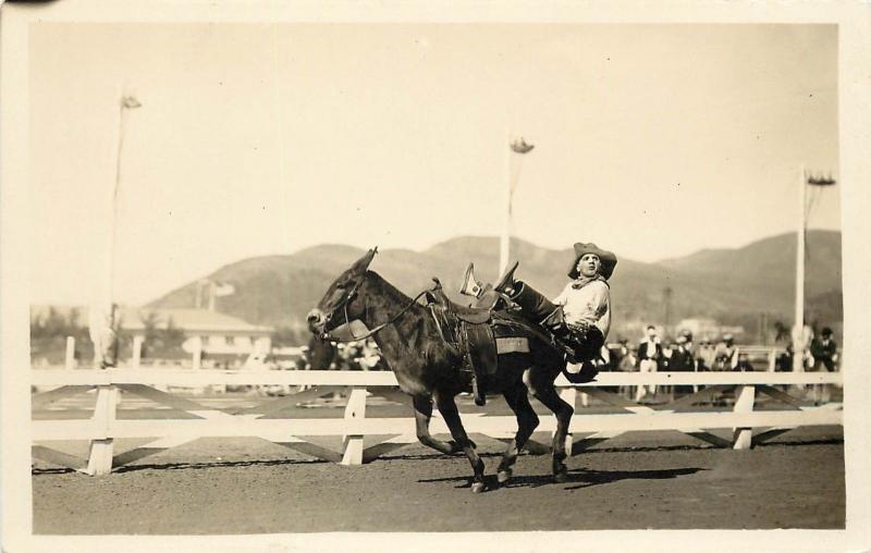 1924-1949 Real Photo Postcard Rodeo Cowboy Trick Riding Mule Unknown US Location