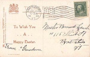 Easter Greetings Humanized Rabbit Holds Colorful Eggs Forest 1909 postcard  B924