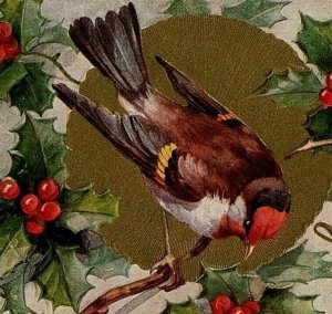 1907-15 Best Wishes For Xmas Postcard Bird Holly Berries Gold Gilt Edge Embossed 