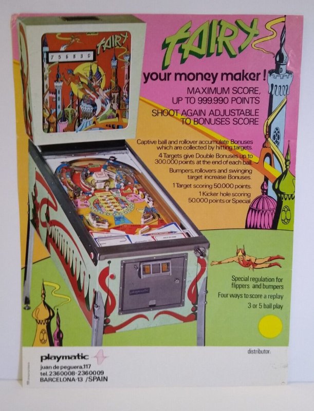 Fairy Pinball Flyer 1976 Rare Playmatic Spain Promo Fantasy Artwork 8.25 x 11.5