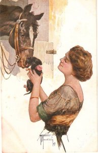 Lady with heh horse at the through Old vintage Italian artist signed postcard