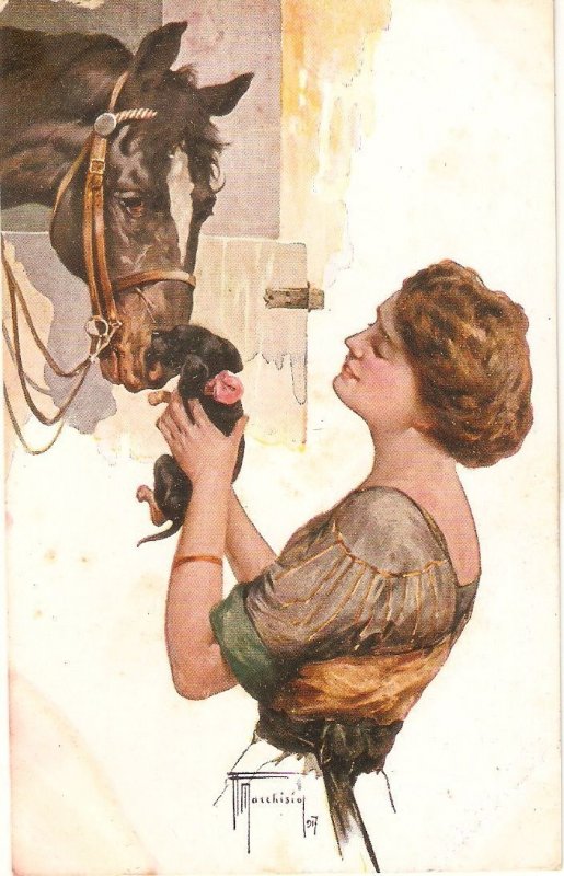 Lady with heh horse at the through Old vintage Italian artist signed postcard