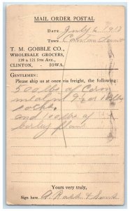 1918 TM Gobble Co. Wholesale Grocers Clinton Iowa IA Mail Order Postal Card