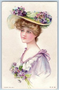 Pretty Woman Postcard Brown Hair Curly Hair Floral Hat c1910's Posted Antique