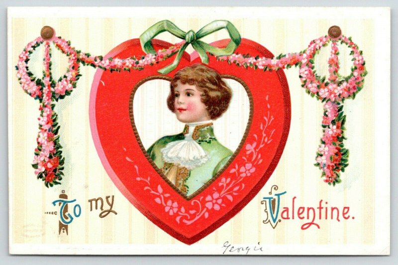 Clapsaddle Valentine~Young Man In Pink Red Wood Heart~Flower Garland~Wallpaper