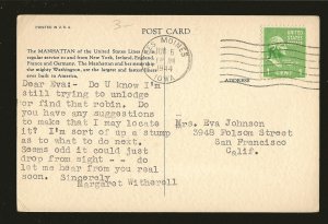 SS Manhattan United States Lines Color Postcard Posted 1944 Des Moines Iowa