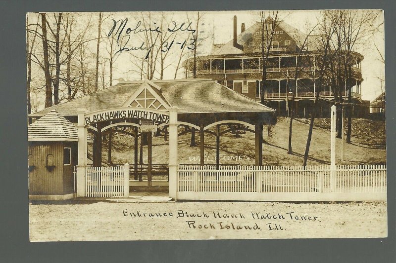 Rock Island ILLINOIS RPPC 1913 AMUSEMENT PARK Black Hawk Watch Tower ENTRANCE