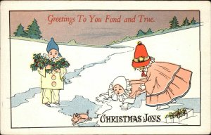 Christmas Jester Clown Pierrot Girls Chase Piglet c1910 Vintage Postcard