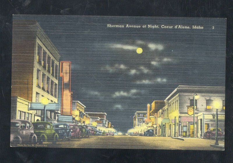 COEUR D'ALENE IDAHO DOWNTOWN STREET SCENE AT NIGHT VINTAGE POSTCARD