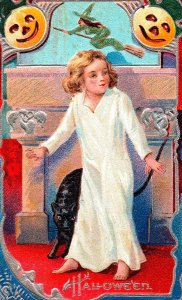 Vintage Nash Adorable Child,Green Witch,JOL & Large Black Cat Halloween Postcard