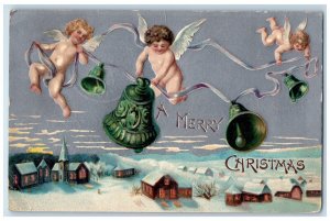 1907 Christmas Floating Angels Cherub Ringing Bells Winter Snow Houses Postcard