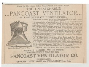 1899 Print Ad, Pancoast Ventilator Co NY and Philadelphia, PA