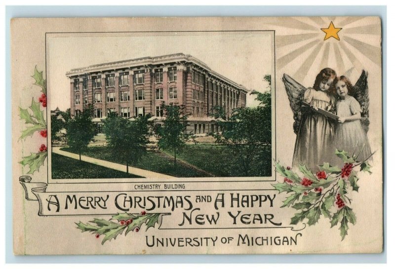 C. 1910 University Of Michigan Xmas Hand Colored Chem Building, MI Postcard F58