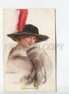 438368 C.W. BARBER Lady w/ Red Feather FUR Vintage postcard #735-4