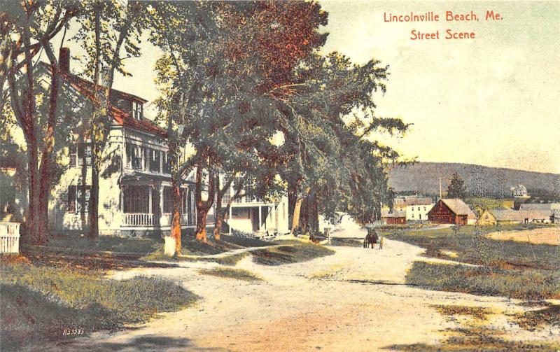 Lincolnville Beach ME Dirt Road Houses Horse & Wagon Postcard