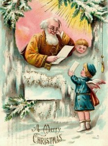 1908 Christmas Brown Robe Santa Angel Boy Letter Gold Gilt Germany Postcard 