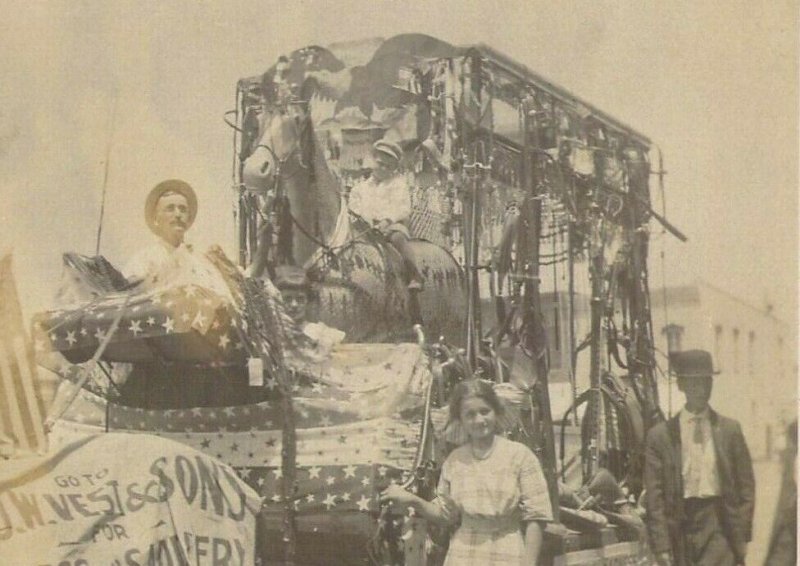 O W West & Sons Saddlery Horse Drawn Float, Sullivan, IL RPPC Double Exposure 