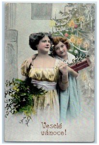 1911 Christmas Tree Mother Daughter Berries Mistletoe Czech Chicago IL Postcard