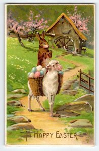 Easter Postcard Vintage Lamb Painted Eggs Rabbit Water Wheel BW Germany Unposted